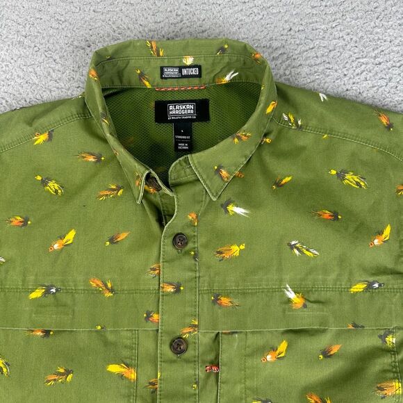 Alaskan Hardgear Shirt Mens XL Short Sleeve Green Duluth‎ Fly Fish AOP Vented - Picture 1 of 11